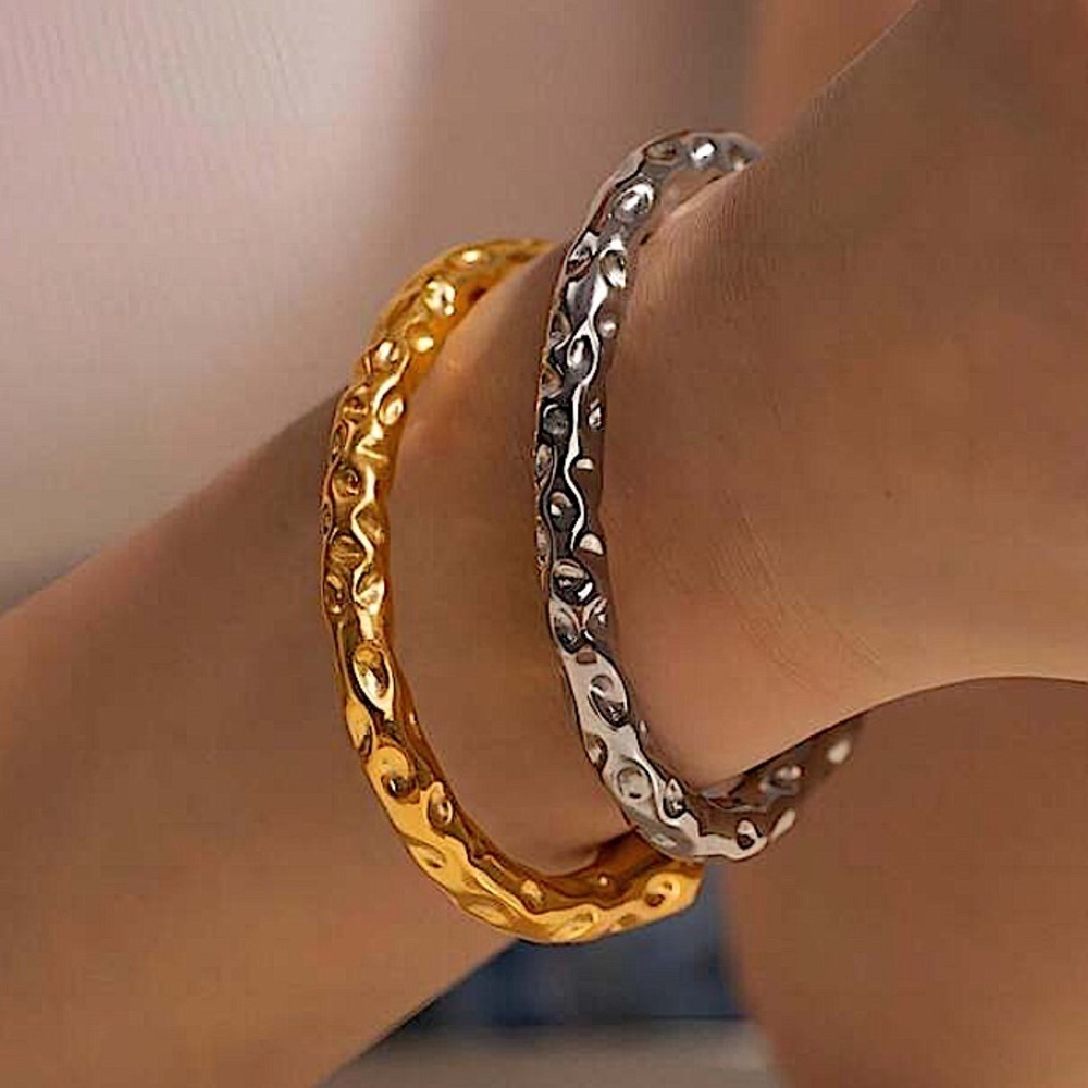 Stainless Steel Irregular Contour Bracelet Bangle Cuff Hammered Gold Plated - Picture 5 of 13